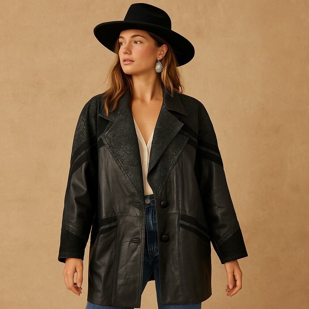 Vintage 80s Western Style Black Leather Embossed Suede Trench JAcket L